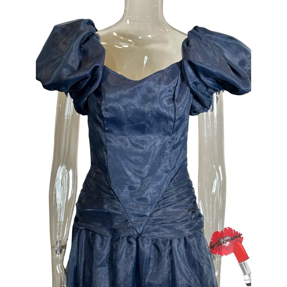 Vintage Taffeta Formal Gown Women 10 60s Navy Blue Puff Sleeves Prom Tea Dress‎ - Picture 3 of 16